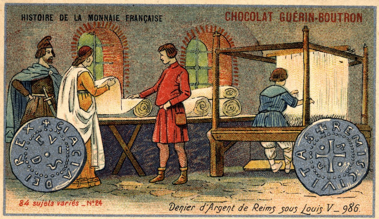 由Chocolat Guérin Boutron出版的《法国货币史》系列。19世纪的彩色石版画。986年路易五世时期的兰斯银质丹尼尔 作者 未知艺术家