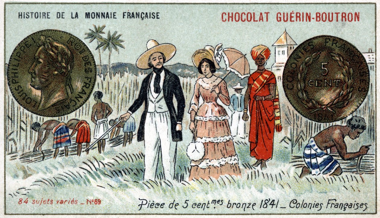 由Chocolat Guérin Boutron出版的《法国货币史》系列。19世纪的彩色石版印刷。1841年的5分铜币。法国殖民地 作者 未知艺术家