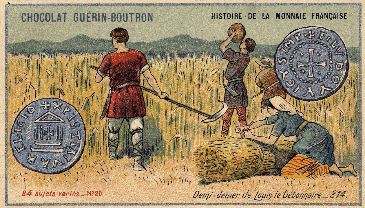 由Chocolat Guérin Boutron出版的《法国货币史》系列。19世纪的彩色石版印刷。814年路易-德波纳尔的半身像 作者 未知艺术家