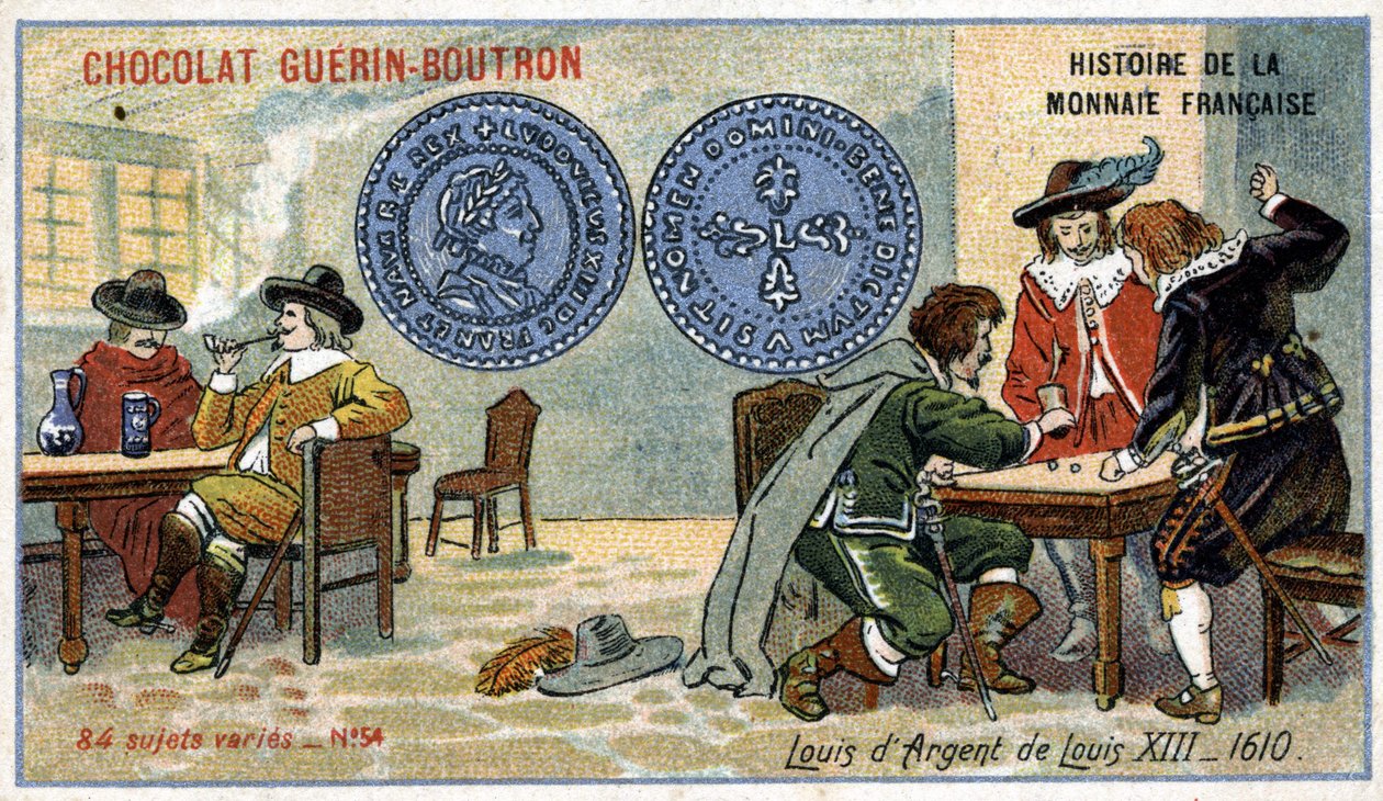 由Chocolat Guérin Boutron出版的《法国货币史》系列。19世纪的彩色石版画。1610年的路易十三银路易 作者 未知艺术家