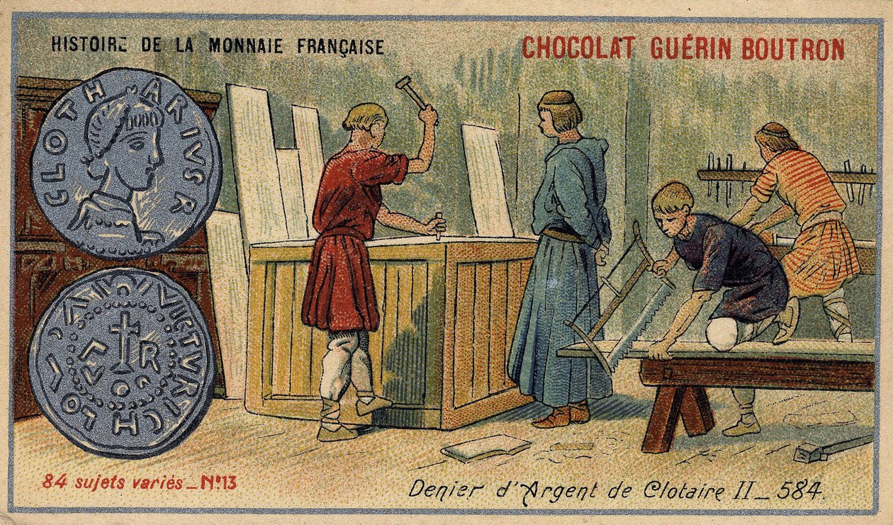 由Chocolat Guérin Boutron出版的《法国货币史》系列。19世纪的彩色石版画。584年克洛泰尔（Clothaire）二世的银质丹尼尔 作者 未知艺术家