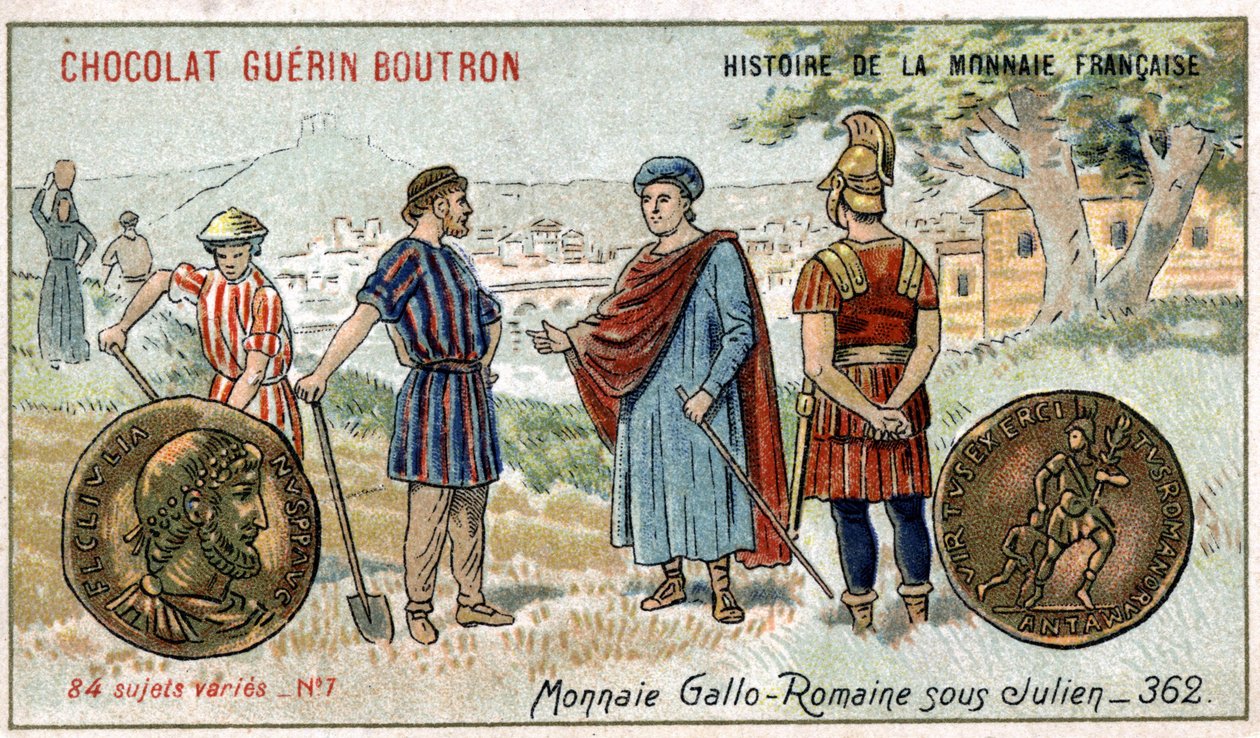 由Chocolat Guérin Boutron出版的《法国货币史》系列。19世纪的彩色石版画。朱利安时期的加洛罗马硬币 作者 未知艺术家