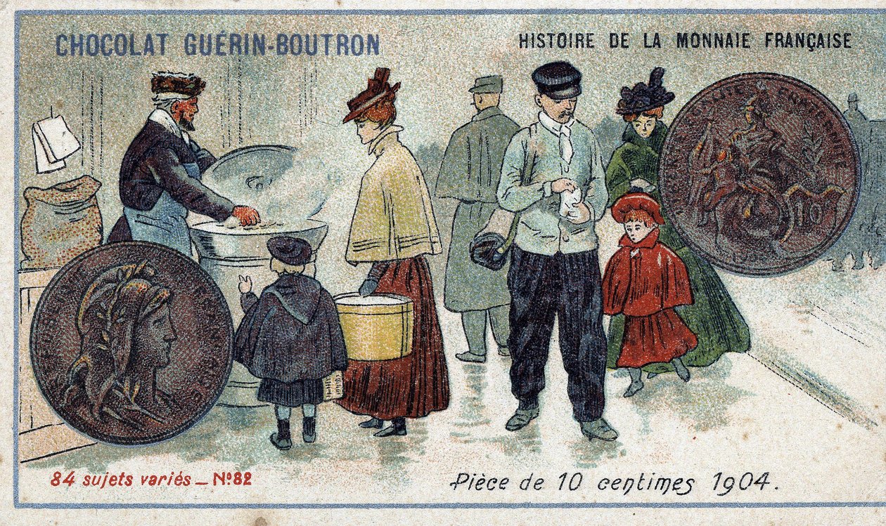 由Chocolat Guérin Boutron出版的《法国货币史》系列。19世纪的彩色石版印刷。1904年的10分硬币 作者 未知艺术家