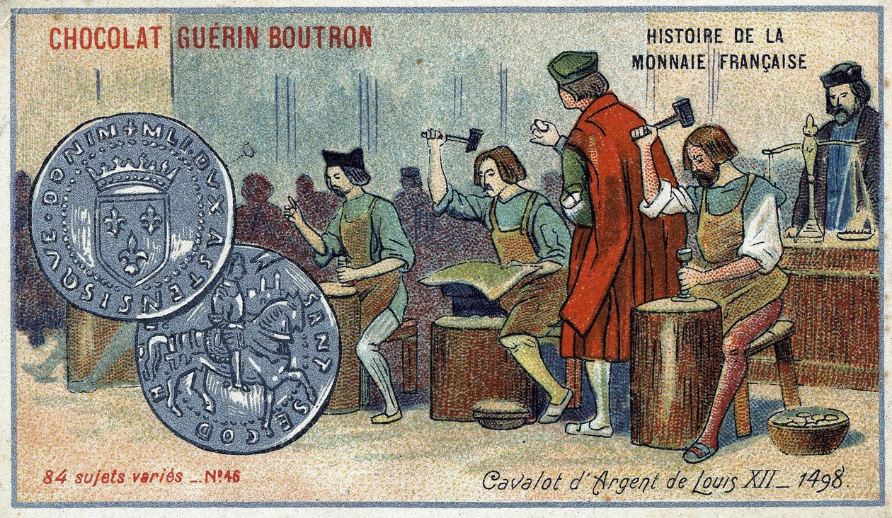 由Chocolat Guérin Boutron出版的《法国货币史》系列。19世纪的彩色石版画。路易十二的银骑兵。1498 作者 未知艺术家