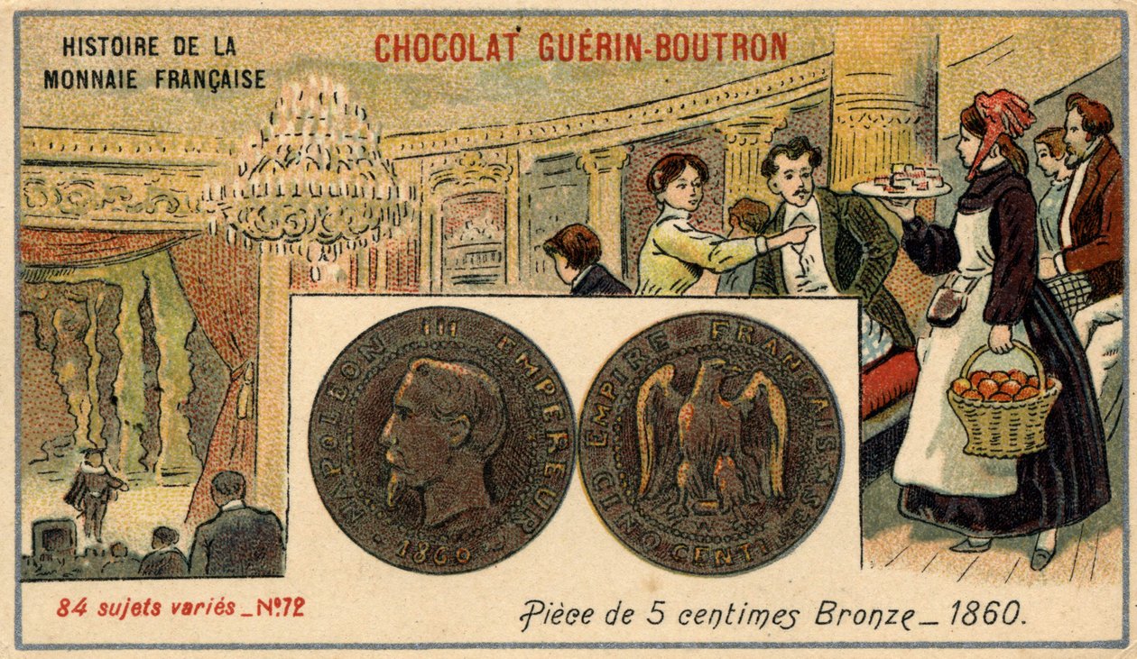 由Chocolat Guérin Boutron出版的《法国货币史》系列。19世纪的彩色石版印刷。1860年的5分铜币。拿破仑三世。 作者 未知艺术家