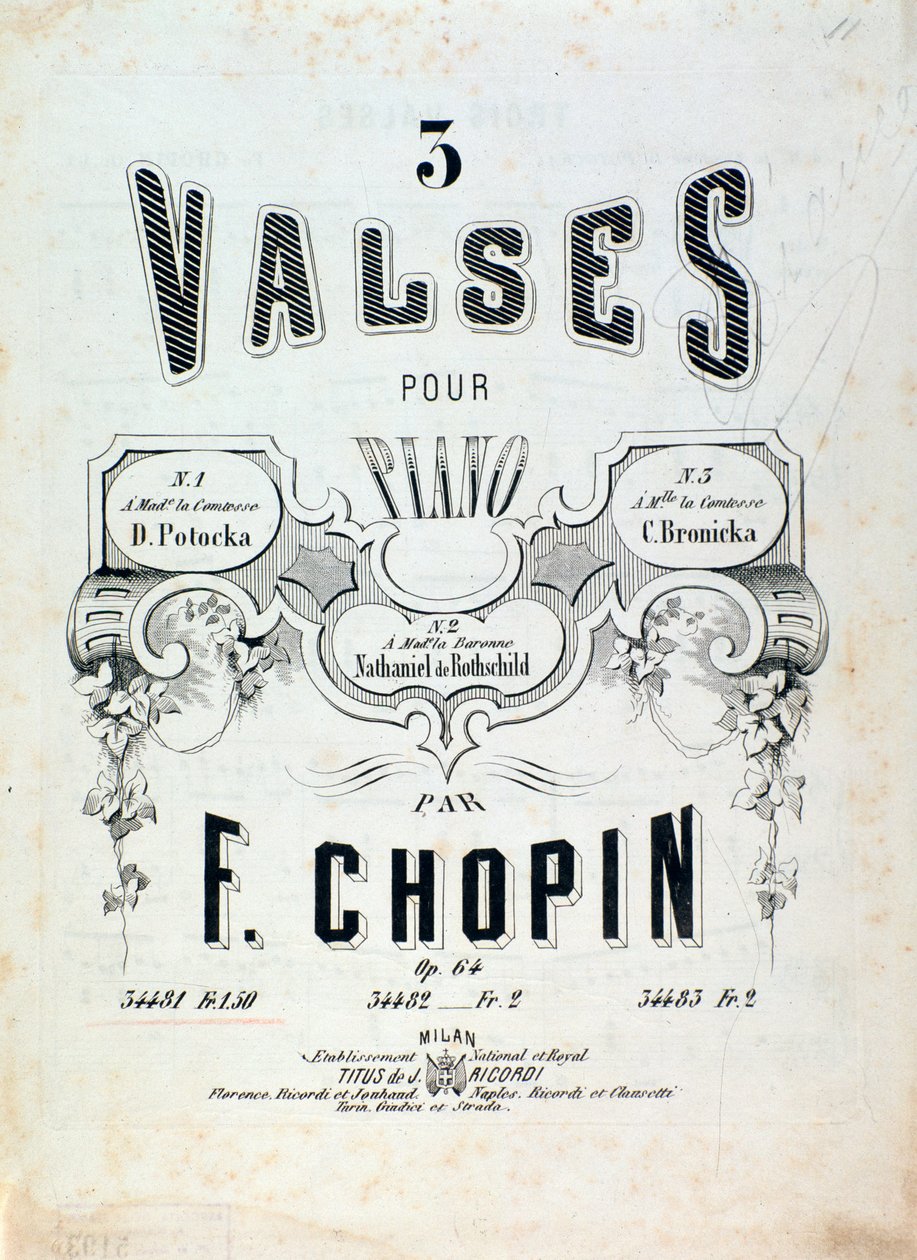 钢琴作品 3 首华尔兹乐谱。 64，弗雷德里克·肖邦（Frederic Chopin）（卷首画） 作者 未知艺术家