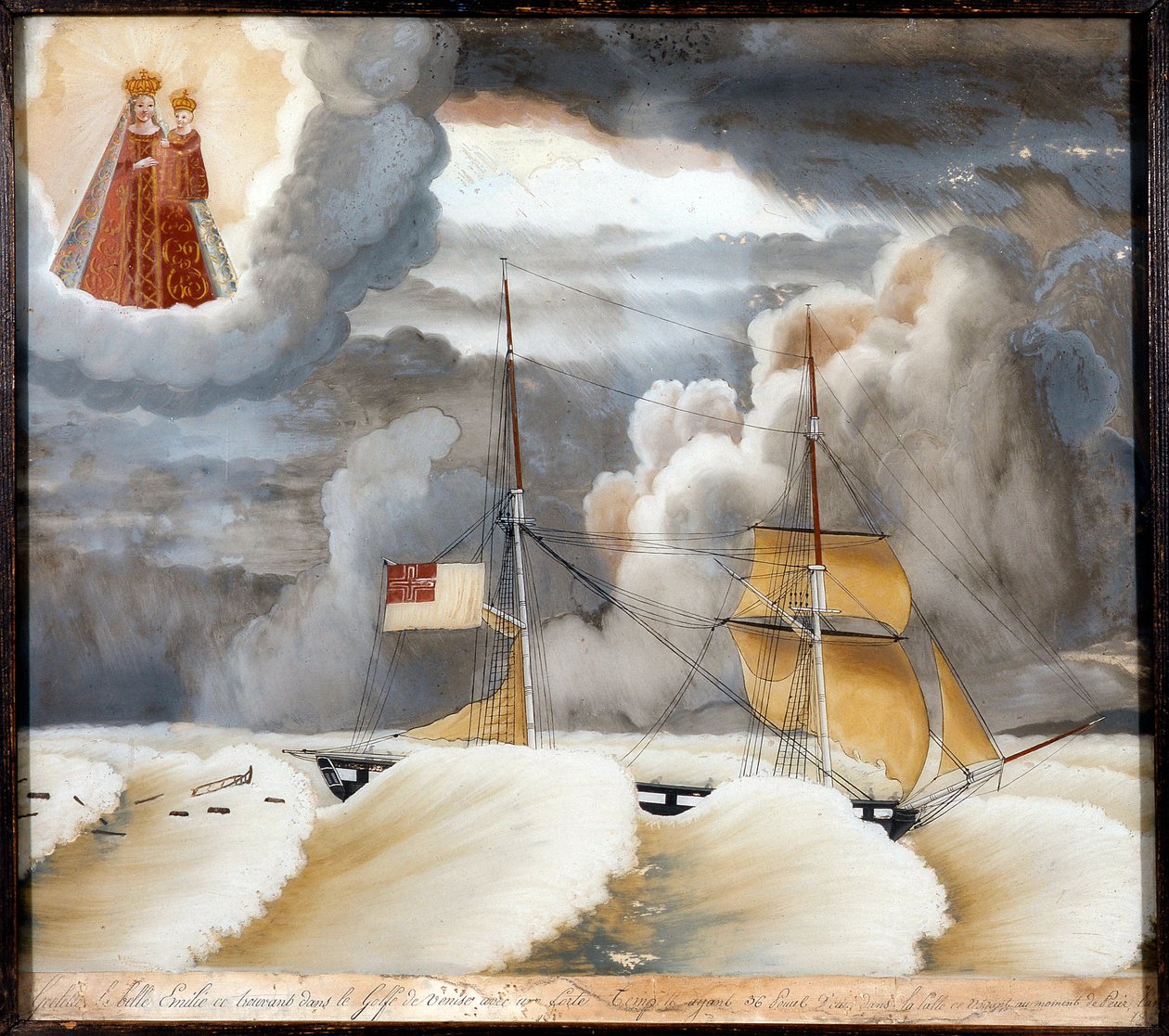 困难中的“La belle Emilie”号船 - 在木头上作画，拉盖特圣母院得票，44x37 厘米 作者 未知艺术家