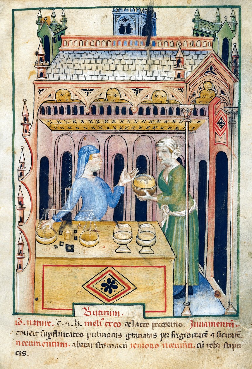 商店里有黄油面包和两个女人，插图来自 Tacuinum sanitatis，插图手稿，11 世纪阿拉伯作品的拉丁文再版 作者 未知艺术家