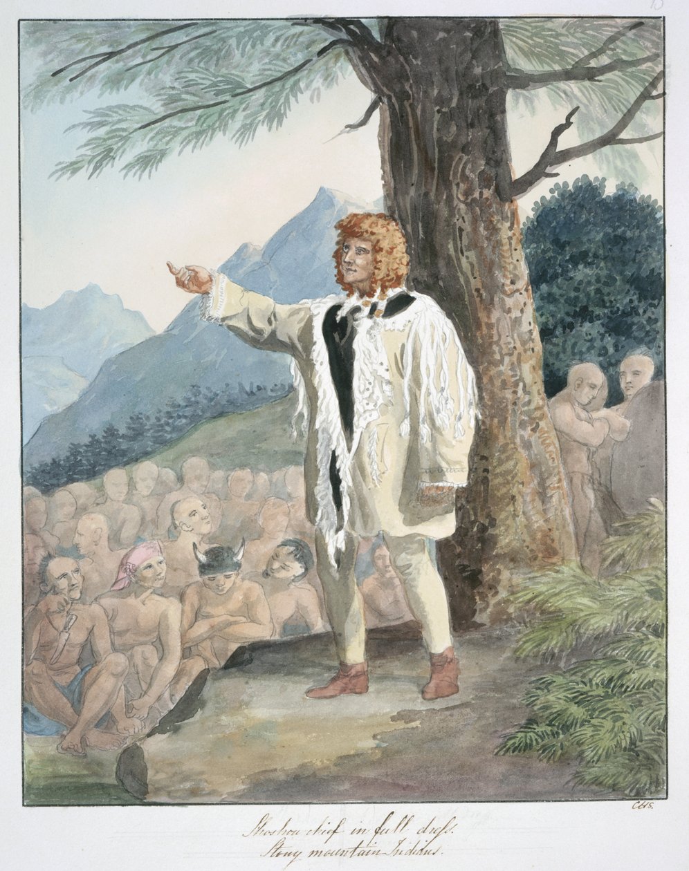 穿着盛装的肖肖尼酋长，石山印第安人，c.1843-50（水彩画） 作者 未知艺术家