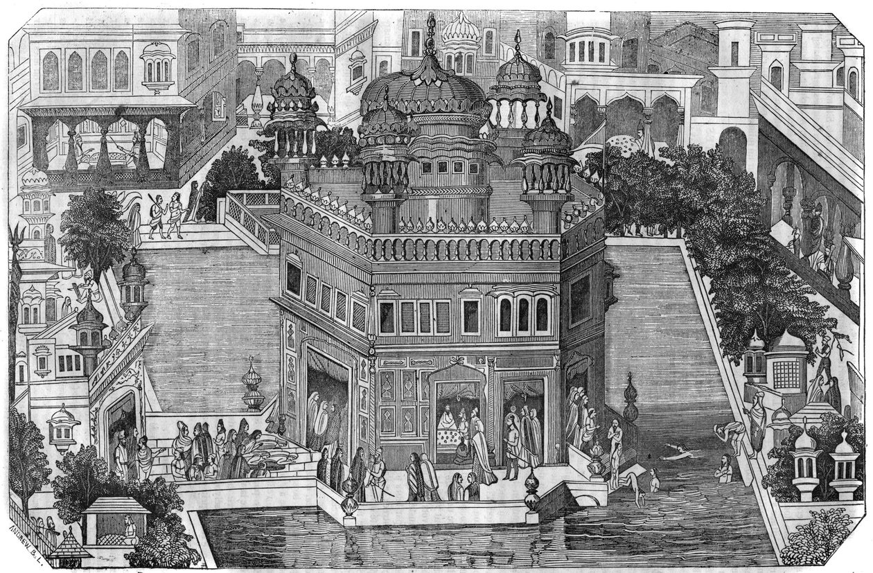 锡克教：金庙（Harmandir Sahib）的景观，锡克教的文化中心，盆地和印度潘杰布邦（拉合尔王国）的阿姆利则市。在 "风景如画的商店" 1836年 作者 未知艺术家