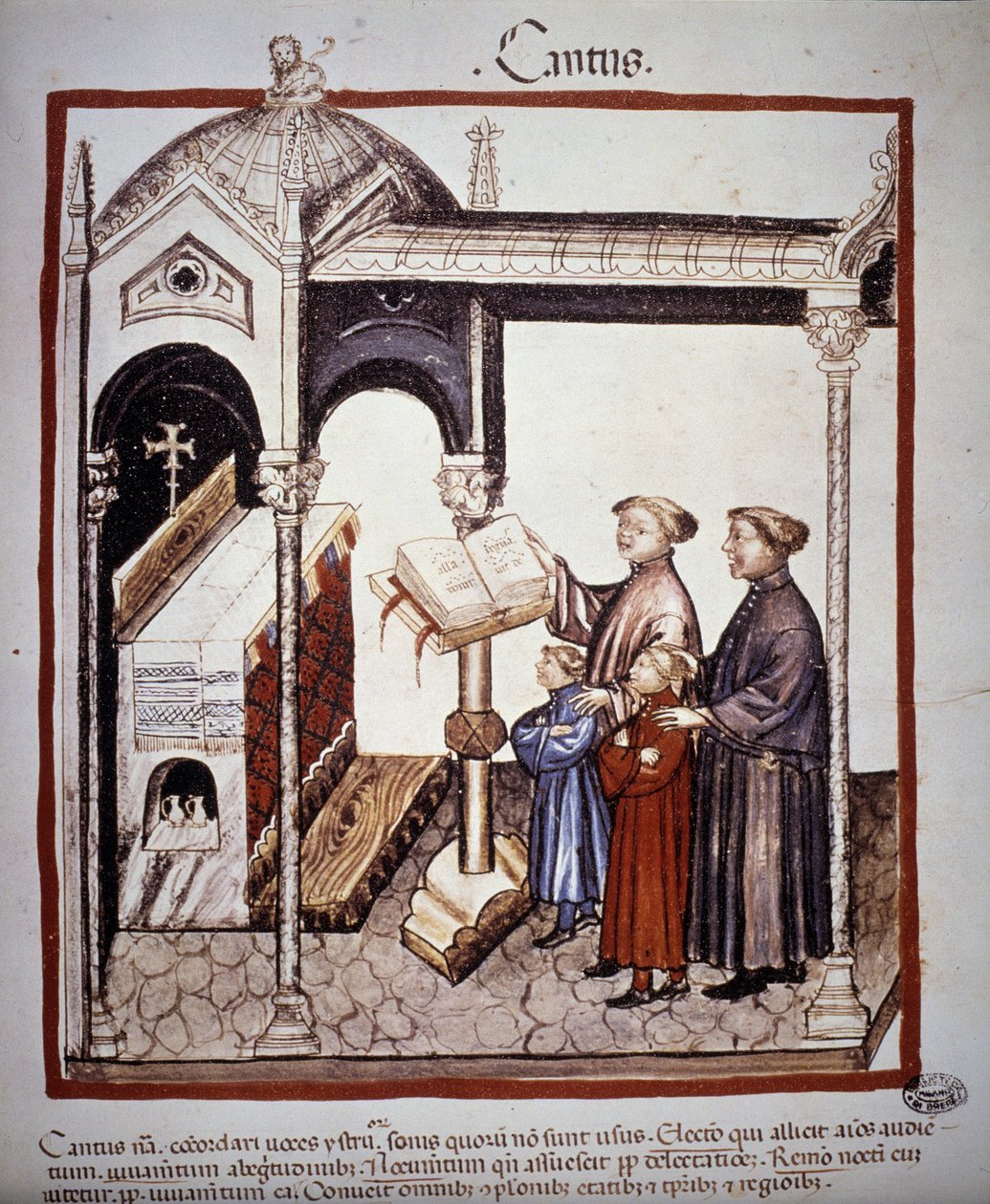 唱歌（一个家庭在教堂里唱歌）——在 14 世纪的“”Tacuinum Sanitatis”中。 B.N，维也纳。 作者 未知艺术家