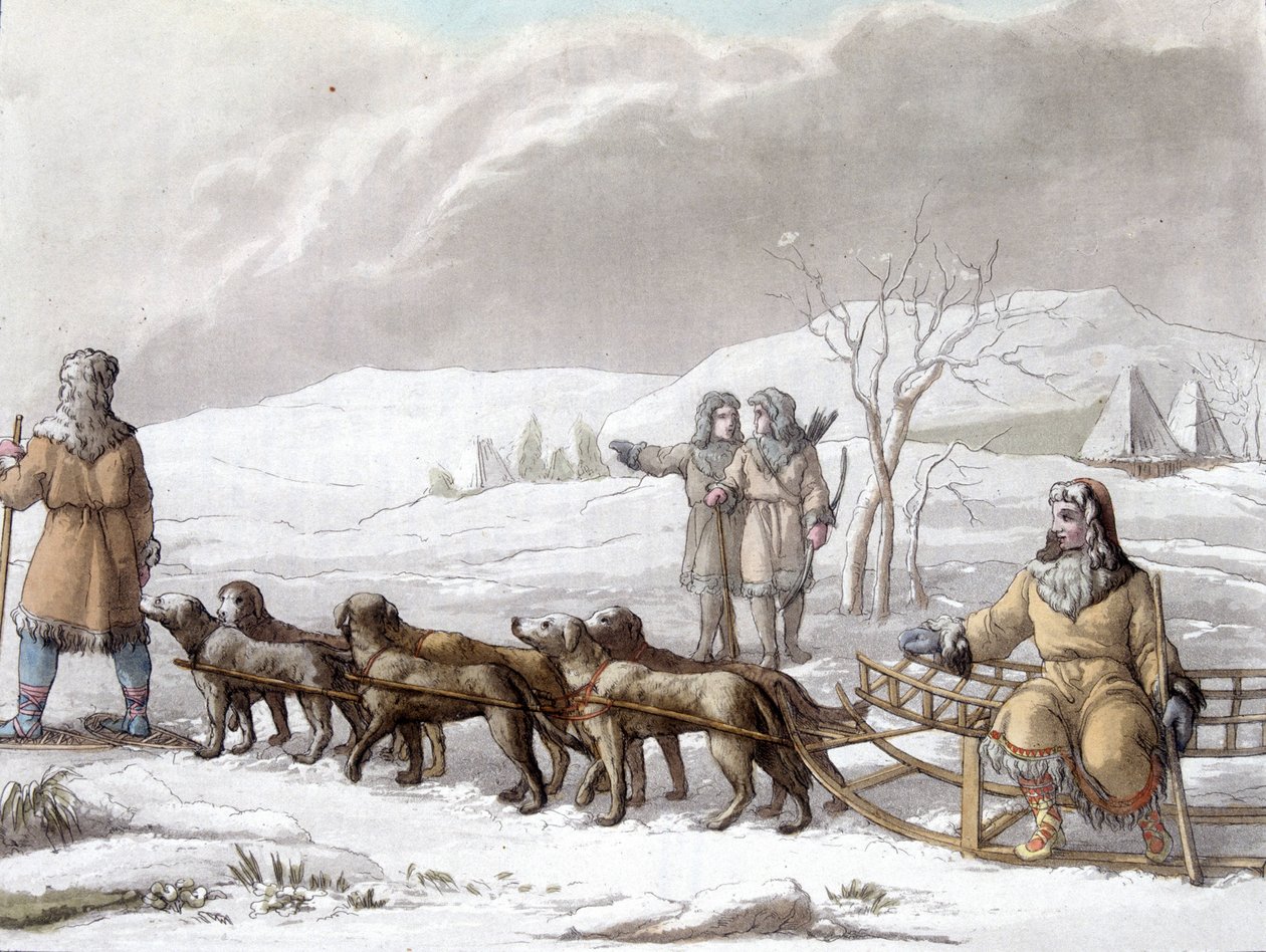 由狗拉的 Kamptschadales 雪橇，西伯利亚。 Gallina f. 的画作 巴黎装饰艺术图书馆。 “《古今服饰》” 作者 未知艺术家
