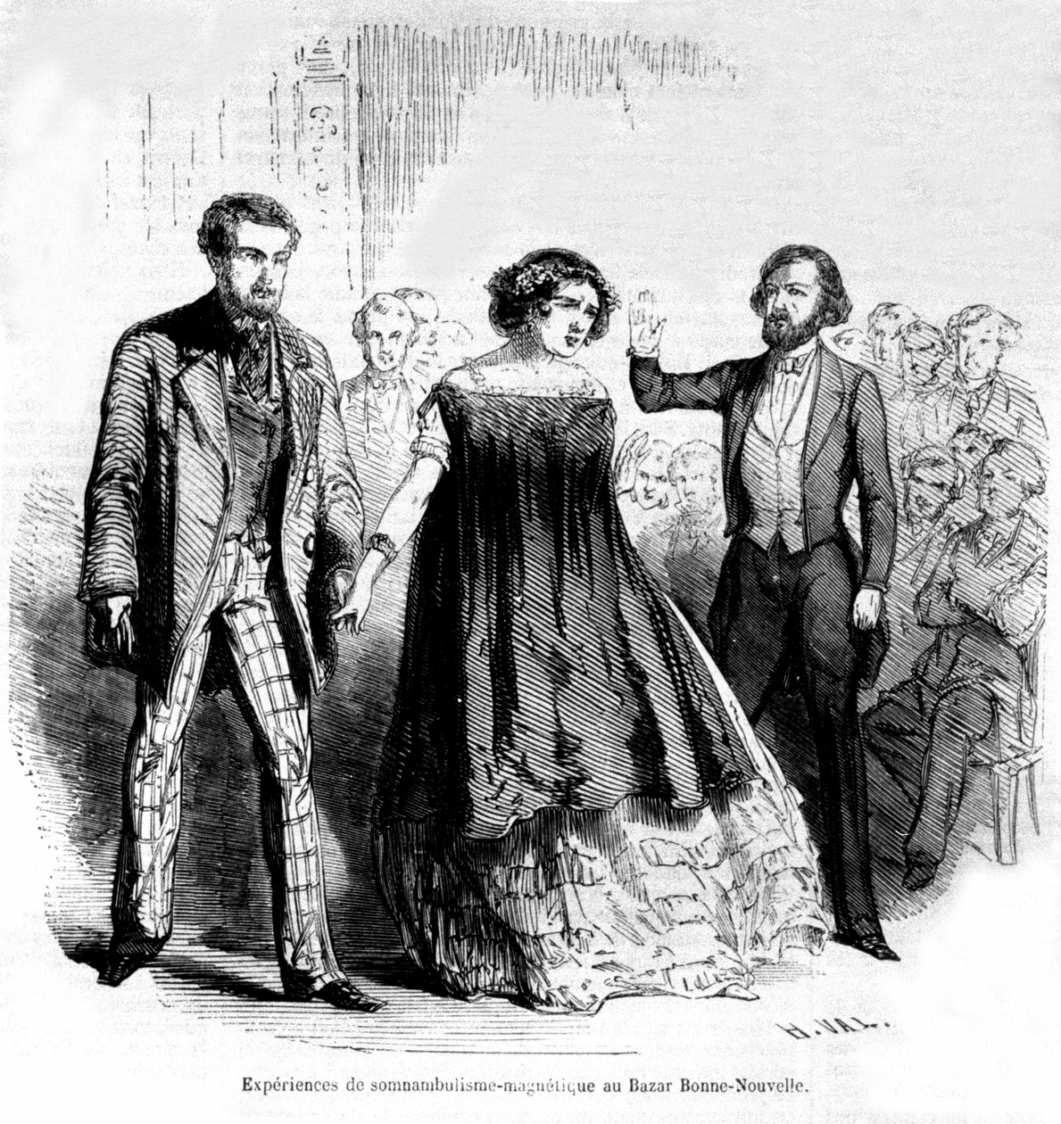 梦游体验：Bazaar de la Bonne-Nouvelle 的磁性和催眠，雕刻于 1885 年 作者 未知艺术家