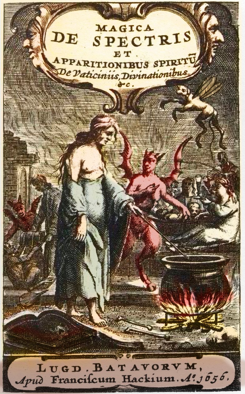 女巫在魔鬼的注视下准备药水，来自 "Magica de spectris et apparitionibus spiritu de vaticiniis, divinationibus "的扉页，作者Henningus Grosius。 作者 未知艺术家