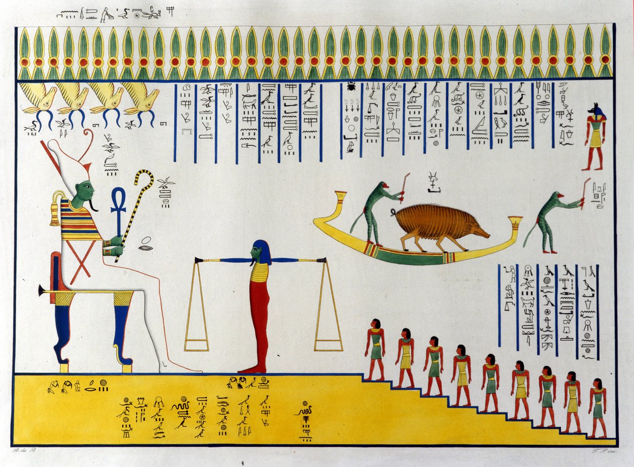 灵魂由奥西里斯称重，然后根据判断飞行加入自由精神或返回动物身体以恢复迁移的致命循环。Biban-el 之墓。 穆鲁克 作者 未知艺术家