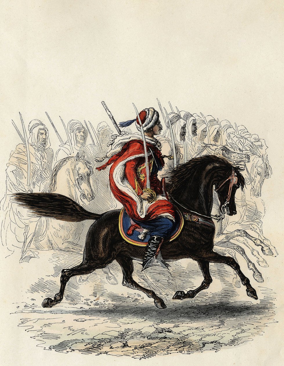 Spahis（法军印度骑兵团）主要由阿拉伯骑兵组成，1834年为阿尔及尔省训练，1836年为奥兰省训练，1835年为波恩省训练，见Leon Galibert的《L