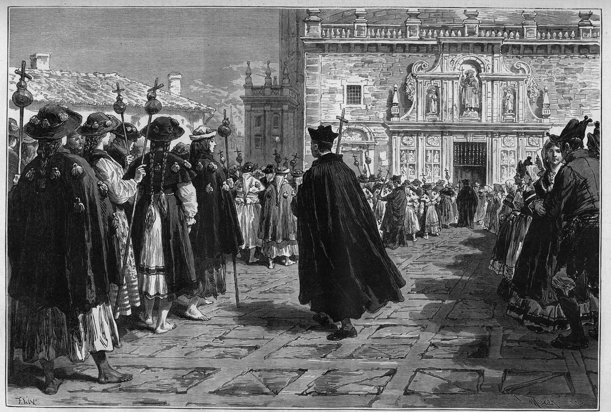 西班牙1880年：圣地亚哥-德孔波斯特拉（Santiago de Compostela）的节庆活动，大教堂入口处的佩勒林游行。 作者 未知艺术家