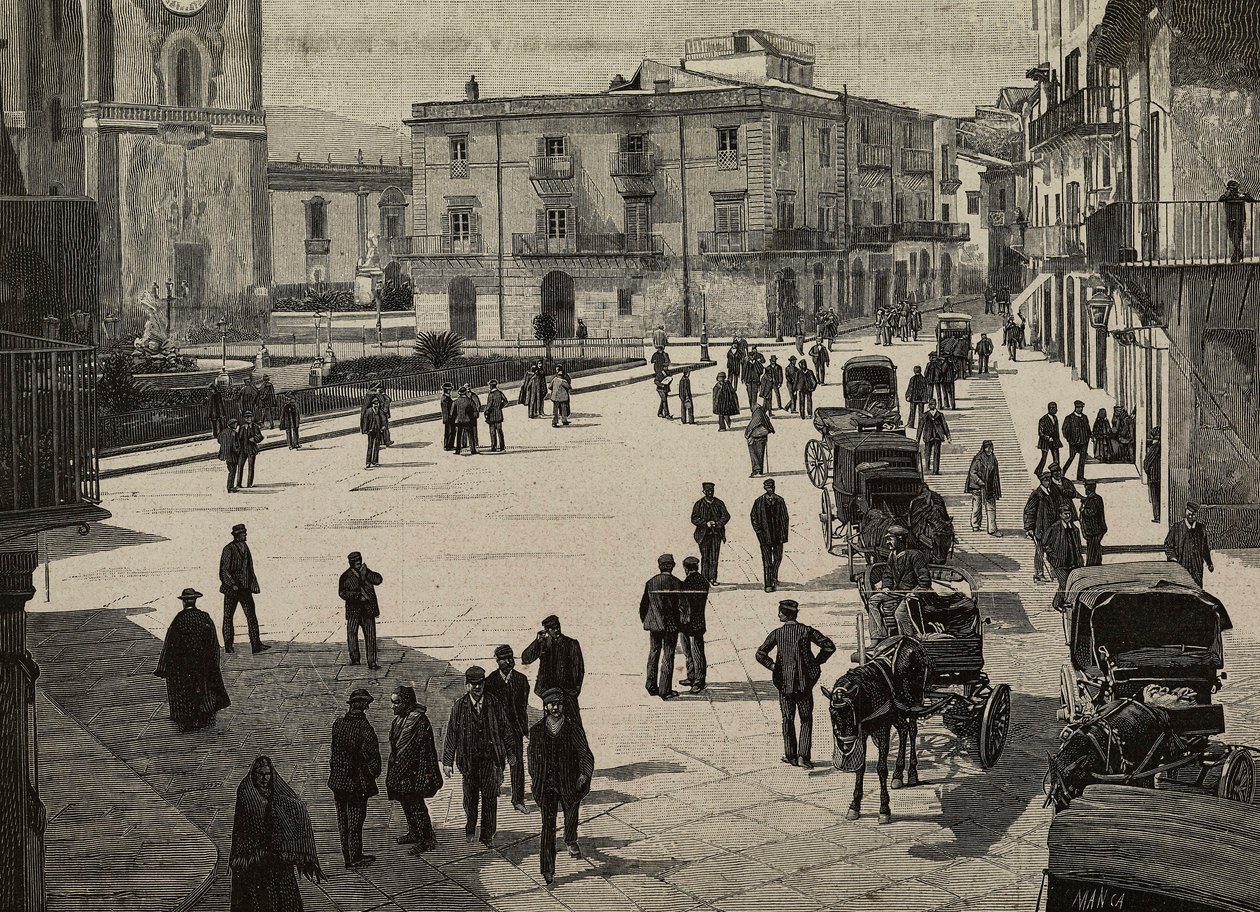 蒙雷阿莱广场和市政厅，意大利 Fasci Siciliani 起义，E Interguglielmi 根据《意大利画报》第 XXI 年第 2 期 1 月 14 日的摄影作品雕刻而成 作者 未知艺术家