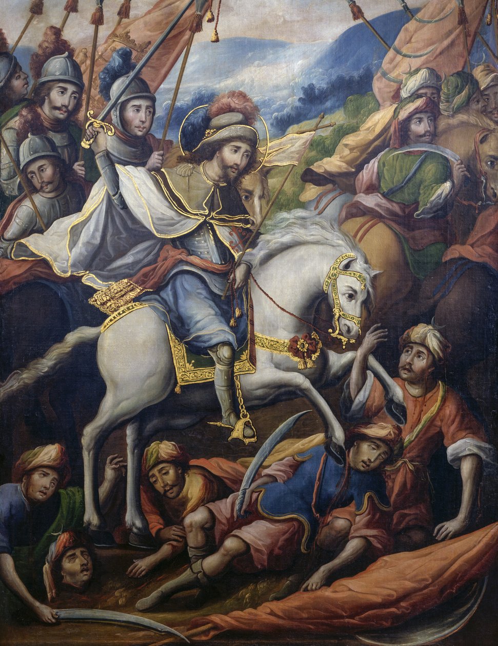 圣詹姆斯在马背上杀死摩尔人，来自 Paravento della conquista（征服的画面）的细节，布面油画，由一位不知名的 17 世纪艺术家创作，213x550 厘米，墨西哥 作者 未知艺术家