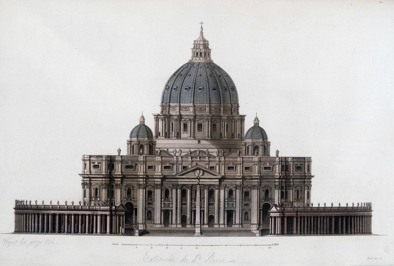 罗马的圣彼得大教堂到梵蒂冈（San Pietro in Vaticano）。在 "古今服饰 "1819-1820年，由朱尔斯-费拉里奥。 作者 未知艺术家