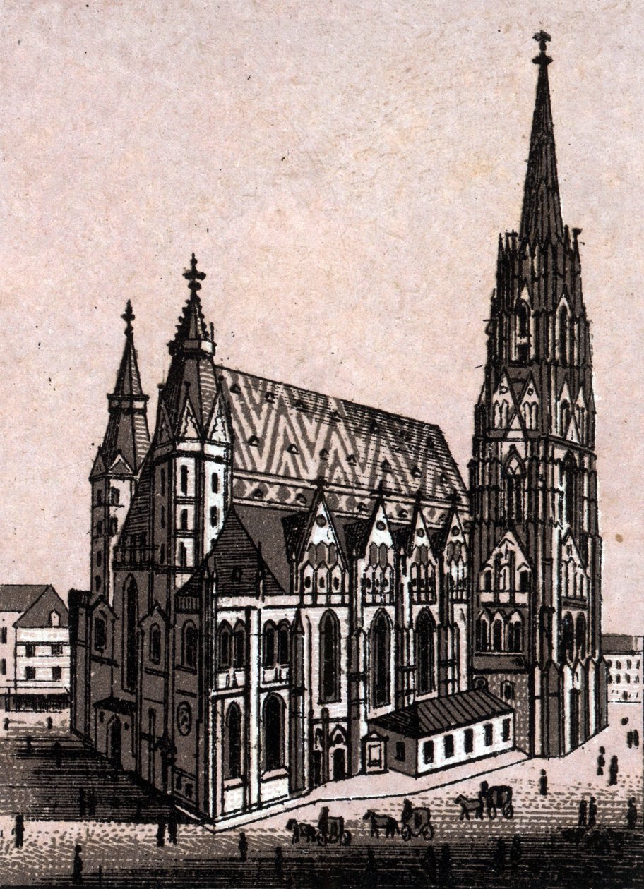奥地利维也纳的圣斯蒂芬大教堂(St. Stephen or Stephansdom or St. Stephane or St. Stephan Kirche)，载于《世界图解168景》，无日期（19世纪末）。 作者 未知艺术家