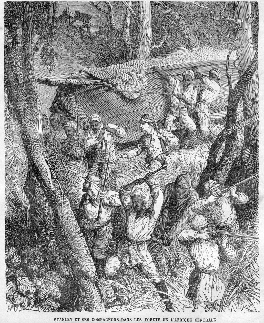 斯坦利在非洲--1874-1877年斯坦利对中部非洲的探险。在丛林中行进--根据霍勒斯-卡斯特利（1825-1889）的画作绘制的木刻。 作者 未知艺术家