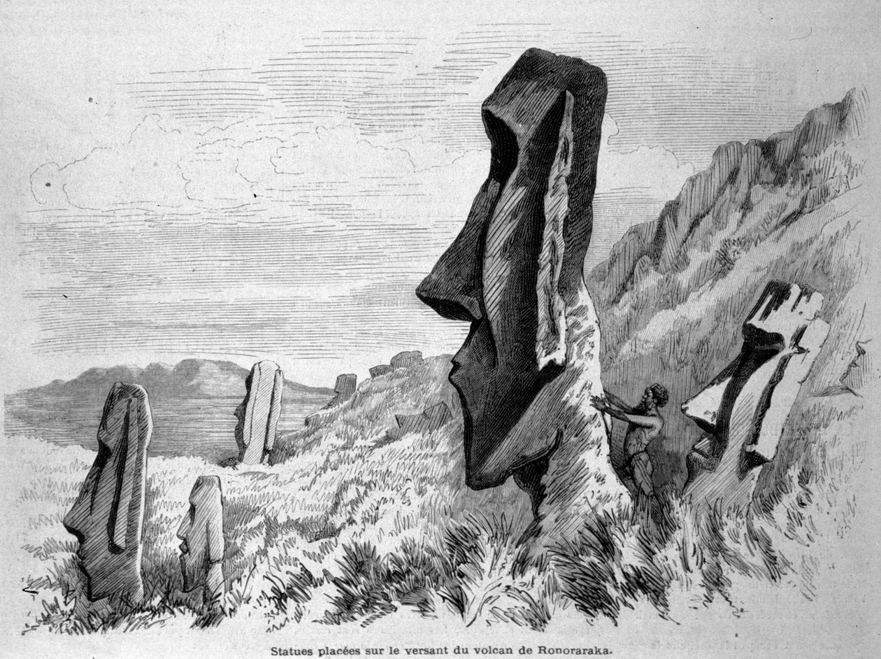 Statues placed on the slope of the volcano of Ronoraraka on Easter Island (Rapa Nui). Engraving 1871. 作者 未知艺术家
