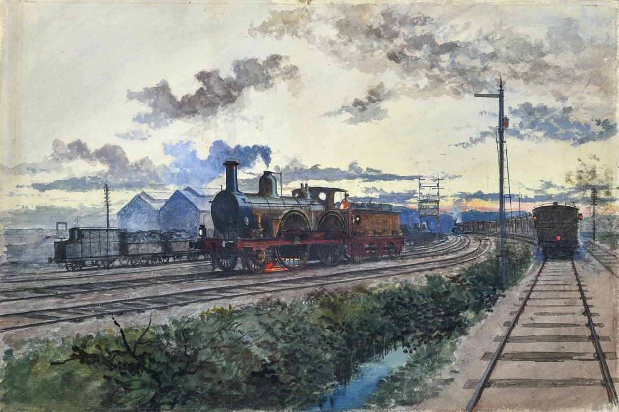蒸汽机车，c.1870（纸上水彩） 作者 未知艺术家