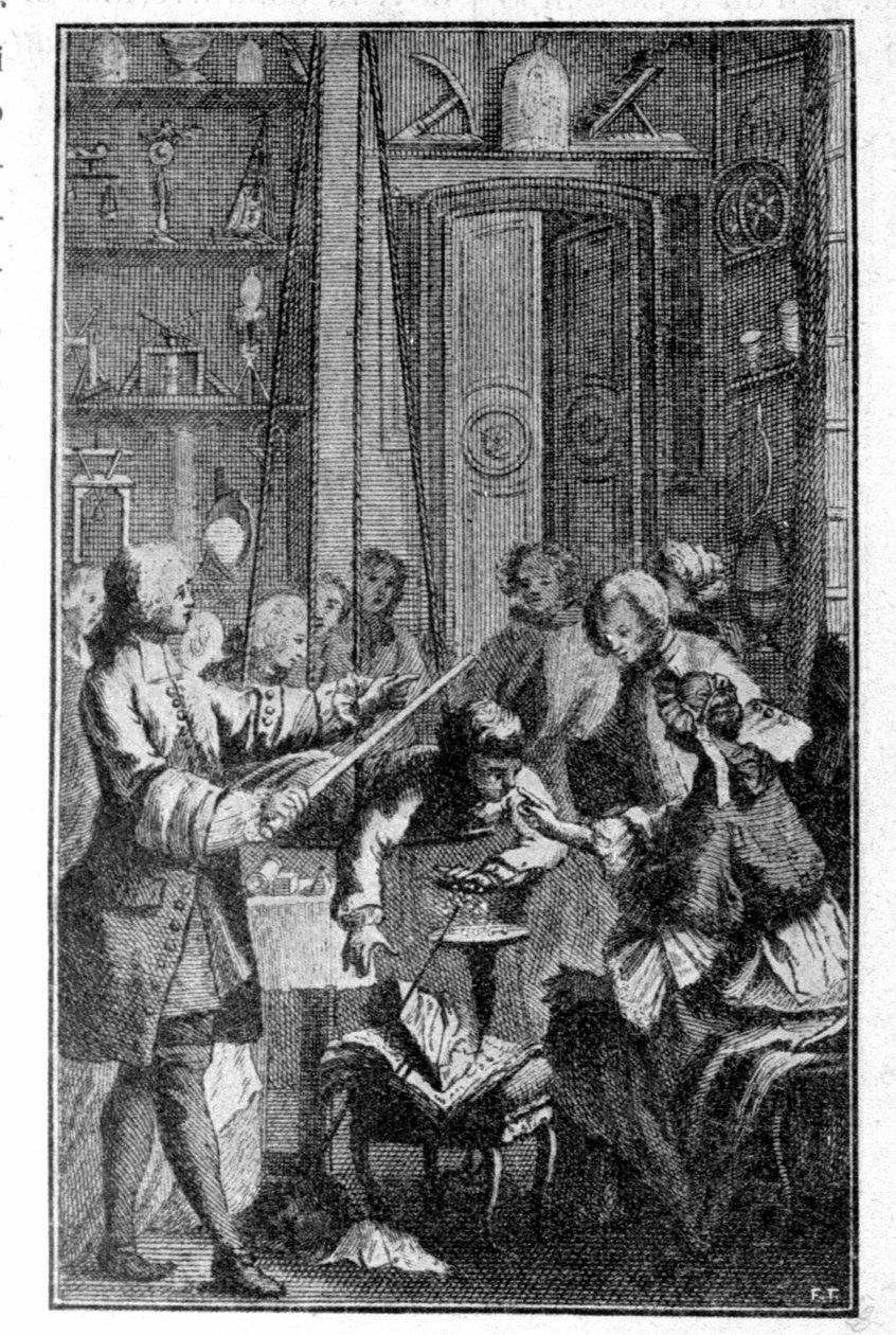 斯蒂芬·格雷 (Stephen Gray) 关于人体导电性的实验 (1670 - 1736)。 19 世纪的雕刻。 作者 未知艺术家