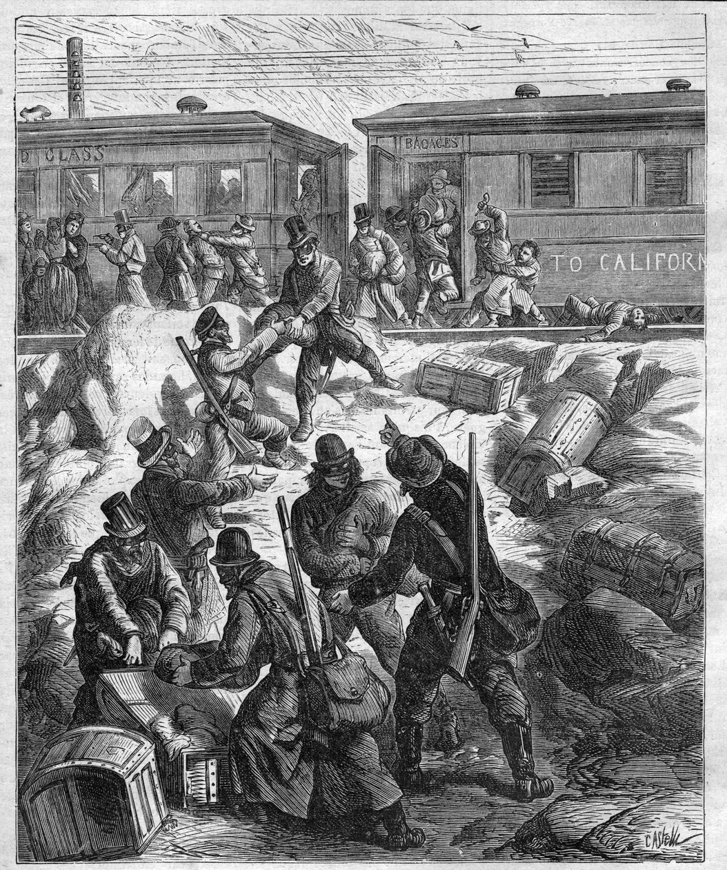 远西列车的袭击--太平洋铁路--火车被强盗袭击的面具--1887年的雕刻品 作者 未知艺术家
