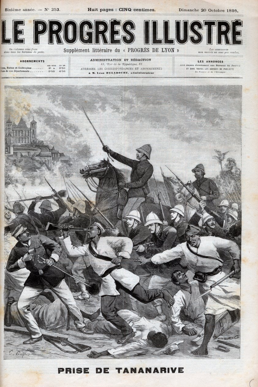 攻占塔那那利佛--1895年法军入侵塔那那利佛--马达加斯加之战（Conquete de Madagascar）。- 1895年9月30日，法国远征军攻占塔那那利佛--1895年 "Le Progres illustrious "中的雕刻。 作者 未知艺术家