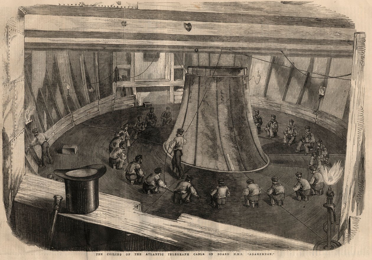 电报：H.M.S. "Agamemnon "号船上的跨大西洋电缆的绕组。8月1日 "伦敦新闻 "中的版画。 作者 未知艺术家