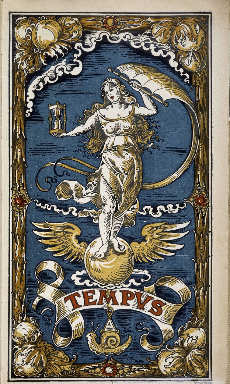 Tempus：时间寓言（带有沙漏、风、翅膀的女性形象），1889 年日历插图。 作者 未知艺术家