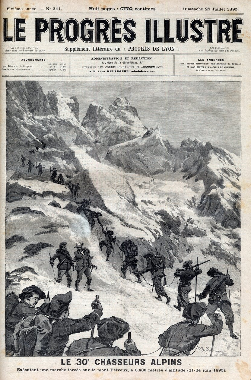 1895年6月21日至24日，第30批高山猎手在海拔3400米的佩尔沃山上进行强行军--1895年《杰出的进步》杂志上的版画。 作者 未知艺术家