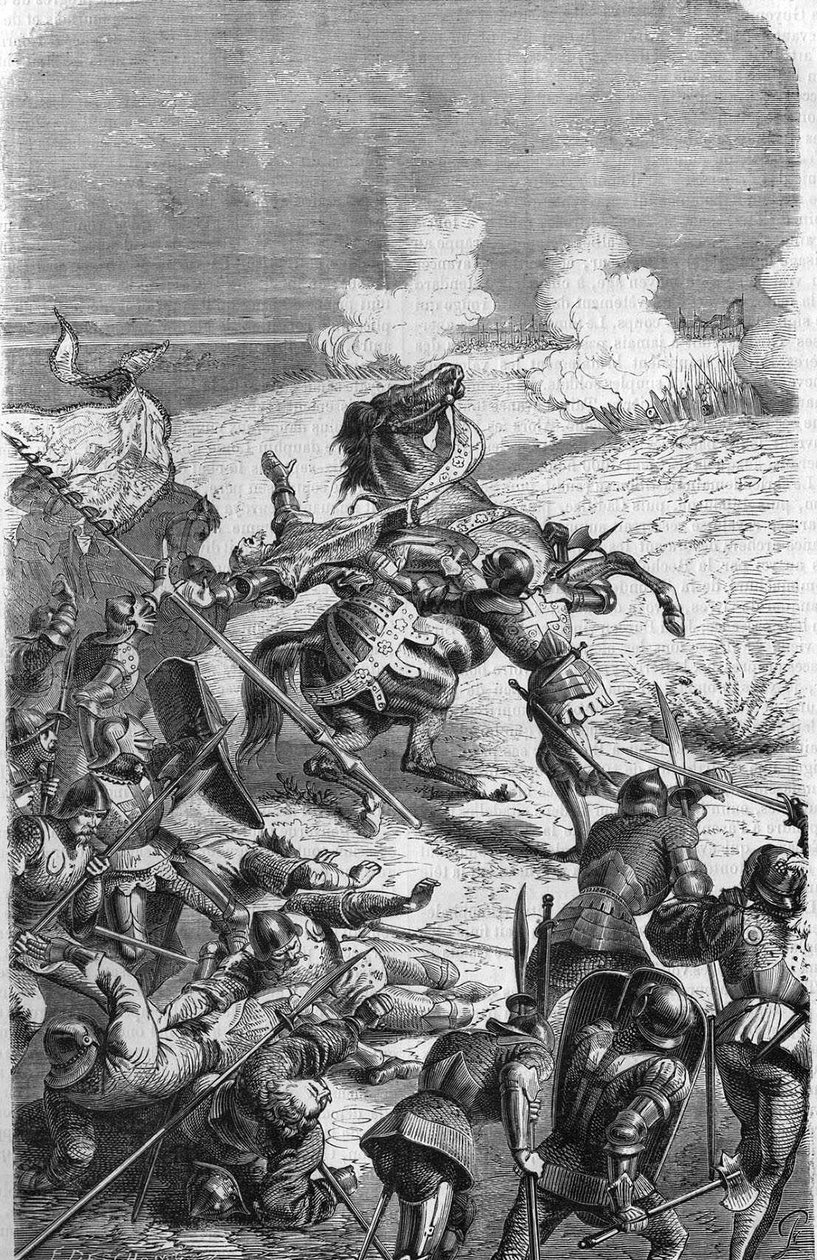 75岁的老兵约翰-塔洛特被改编为带领3000人的远征队，于1452年10月17日在古耶内被征服。代表塔尔博特战死的版画。19世纪的雕版画。 作者 未知艺术家