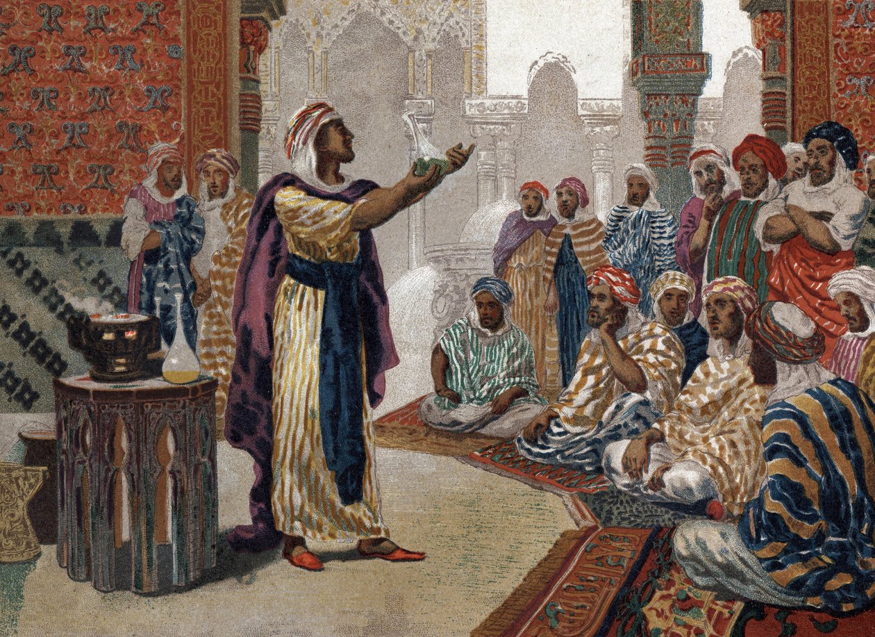阿拉伯炼金术士盖博（Jâbir ibn Hayyan）（v721-v815），einching化学。巴塞罗那 1881年 作者 未知艺术家