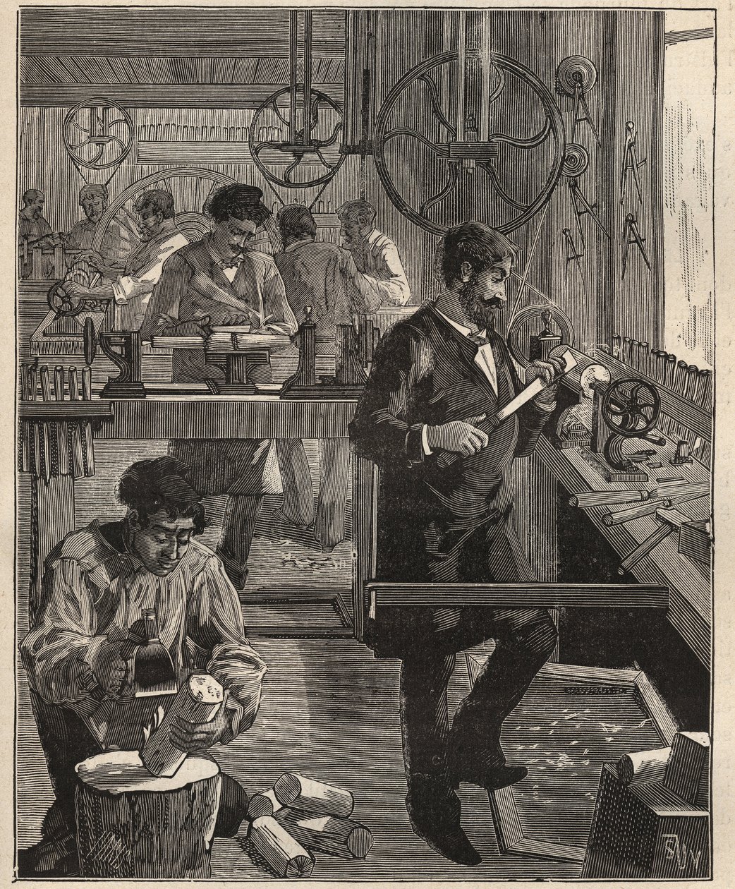 游览的艺术。透纳的木头工作室。1885年阿道夫-比塔尔（Adolphe BITARD）创作的《艺术和测量图解》中的雕版画。 作者 未知艺术家