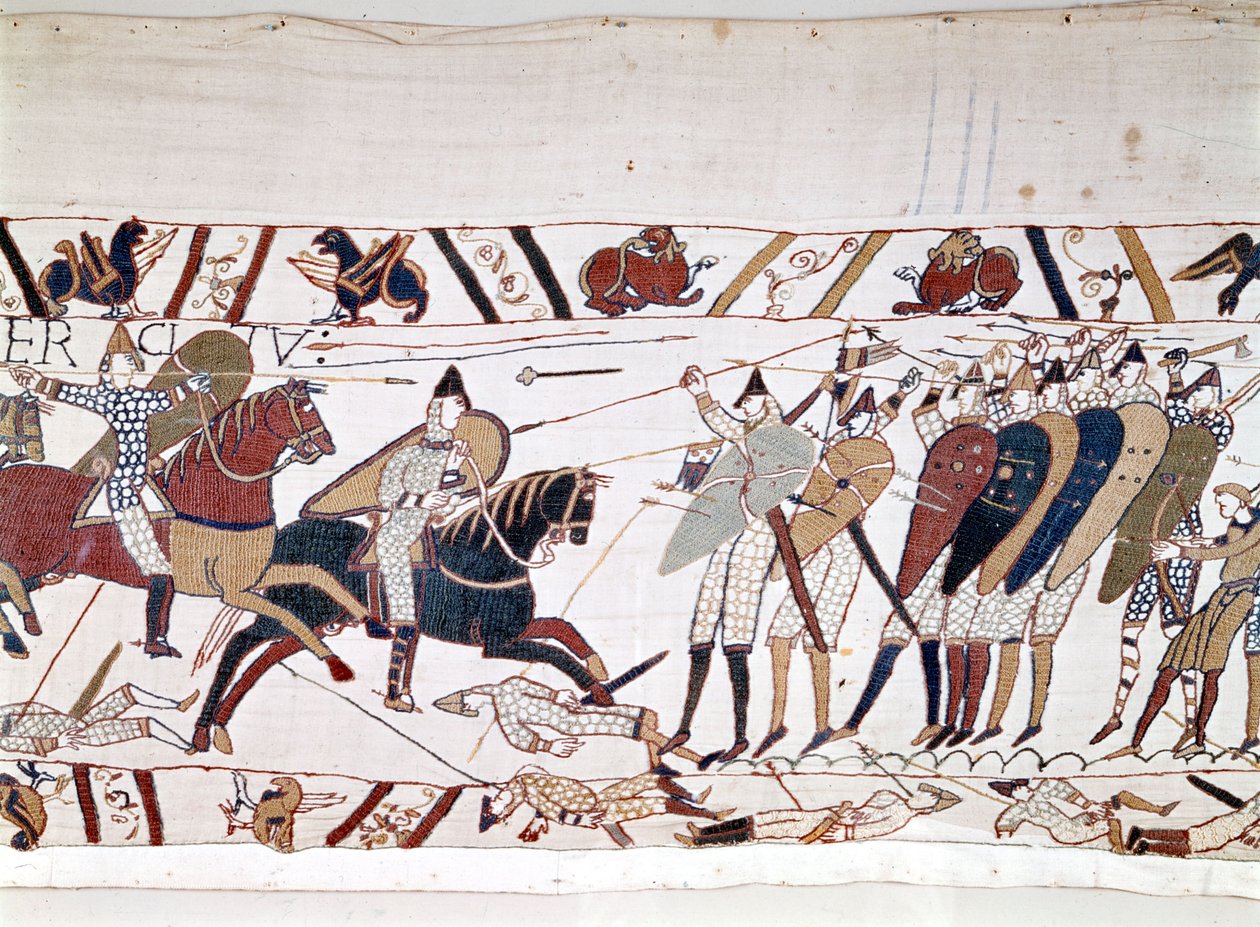 黑斯廷斯战役，由征服者威廉一世（1027 - 1087）于1066年10月14日赢得，英国国王哈罗德二世在战役中死亡（1022 - 1066）。贝叶挂毯，被称为玛蒂尔德女王的刺绣 作者 未知艺术家