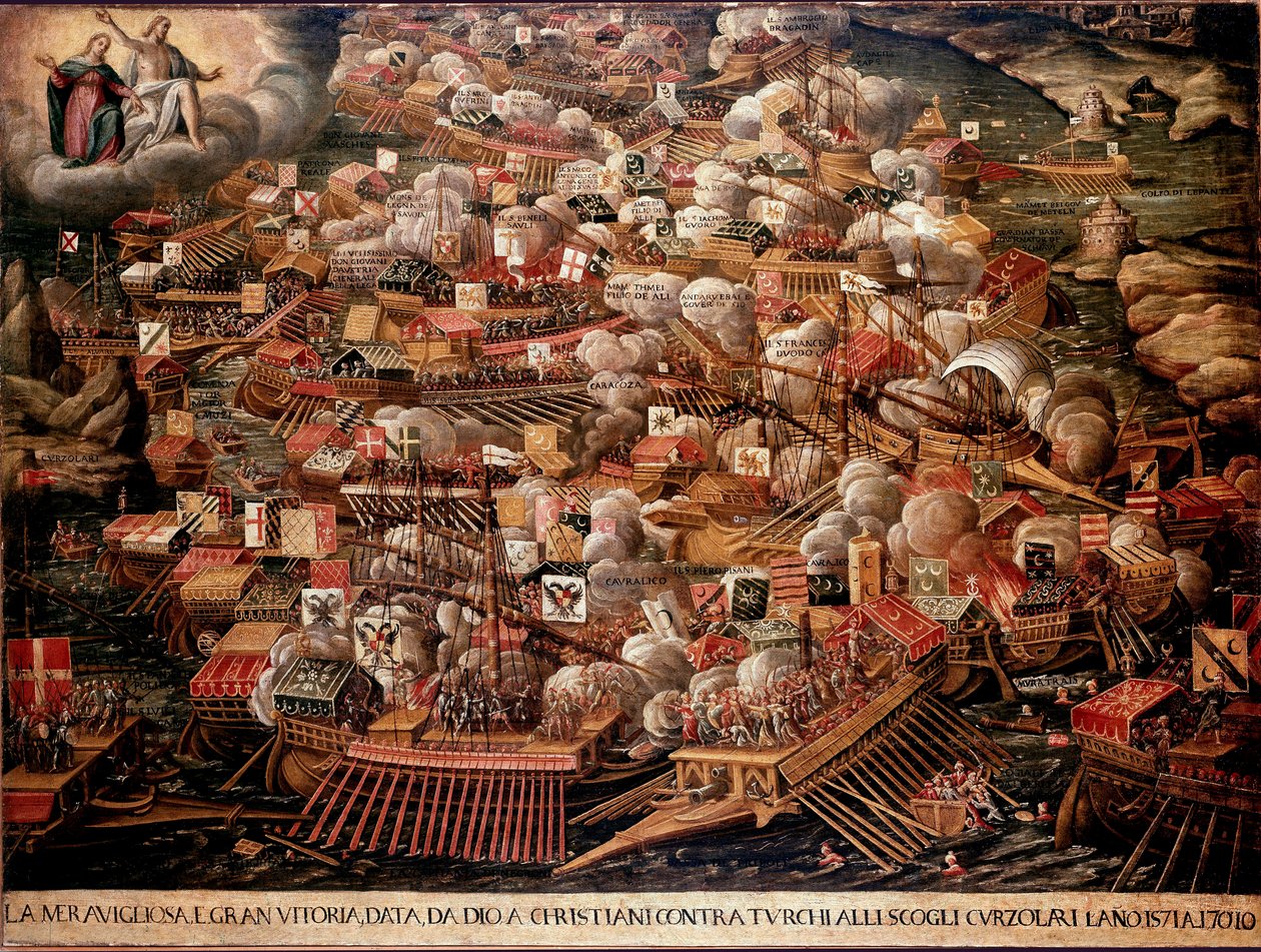 1571 年，在希腊海岸外的勒班陀海战中，西班牙、威尼斯和教皇的军队对抗奥斯曼帝国。匿名绘画。 16世纪。 威尼斯博物馆Correr 作者 未知艺术家