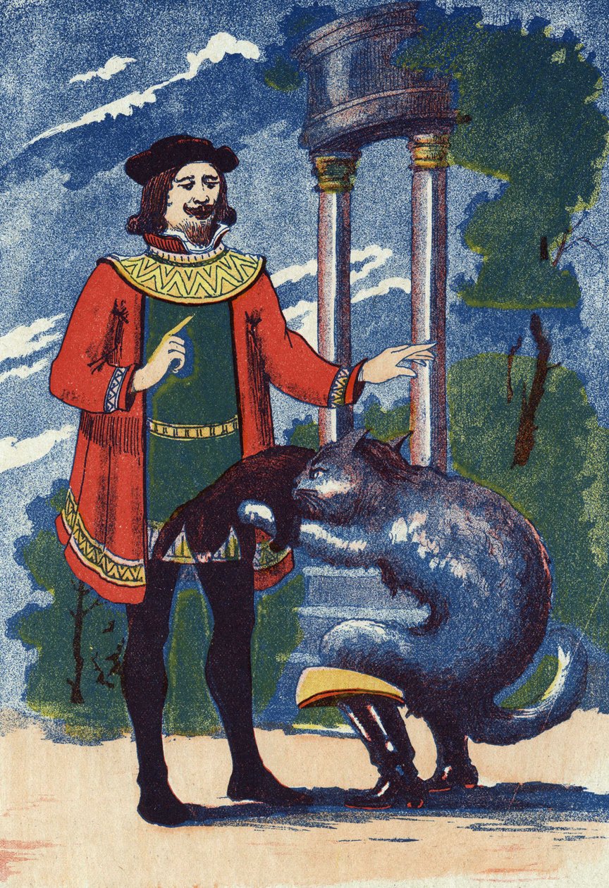 靴猫向国王献上一只兔子。法国作家Charles Perrault (1628-1703)的故事《Le chat Botte》的插图。匿名插图。图片来源：马塞尔-瓦涅，贾维尔-南希，无日期（19世纪末）。 作者 未知艺术家