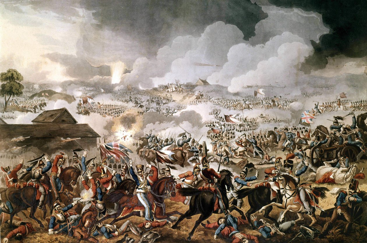 1815年6月18日，威灵顿公爵（1769 - 1852）指挥的英国军队在滑铁卢战役中战胜了拿破仑一世的法国军队。这一时期的雕版画。 作者 未知艺术家