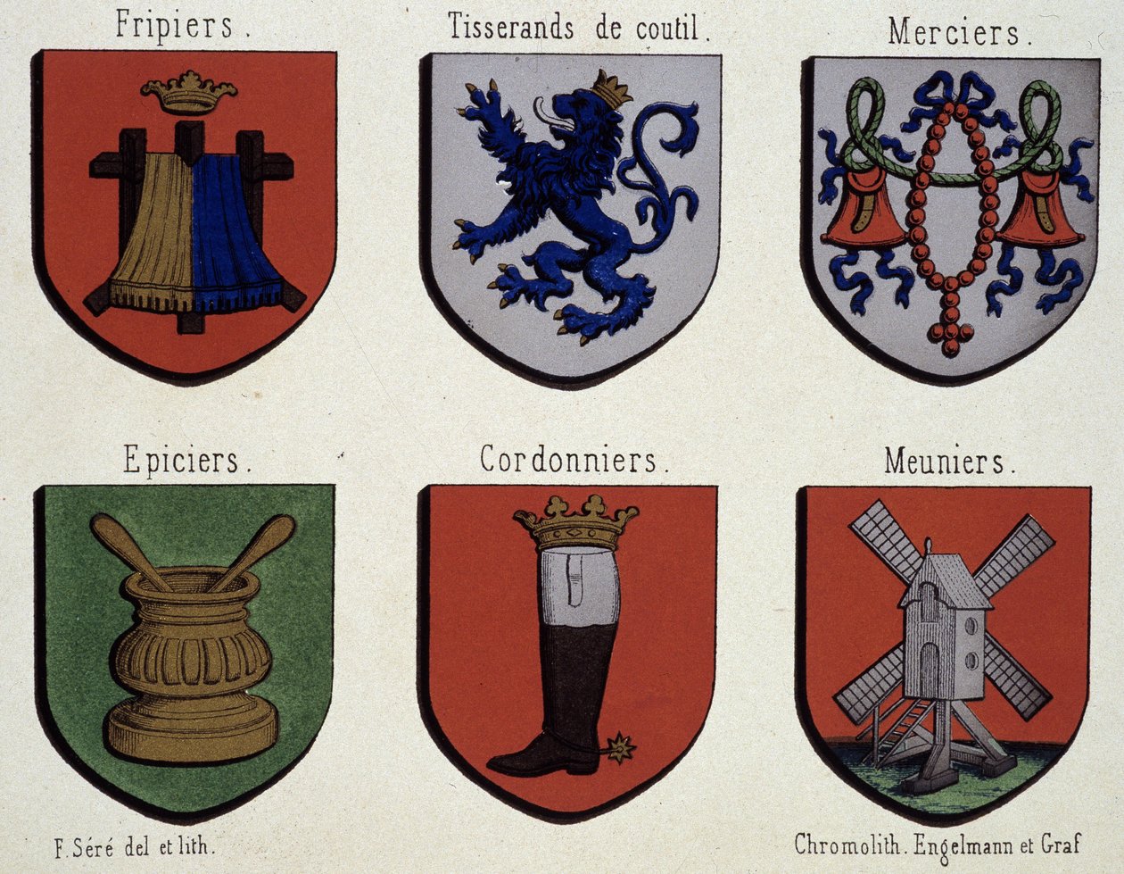 根特纹章（中世纪纹章样本）：Friebriers、Cusserands、 Merciers、Grocer、Shoemakers、Meuniers 作者 未知艺术家