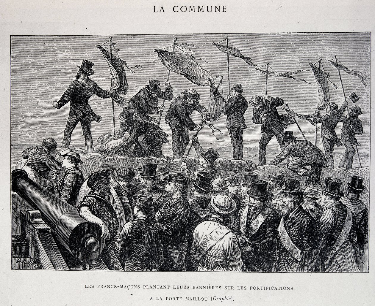 公社：共济会在马约门 (Porte Maillot) 的防御工事上插横幅 (1871) - 雕刻 作者 未知艺术家