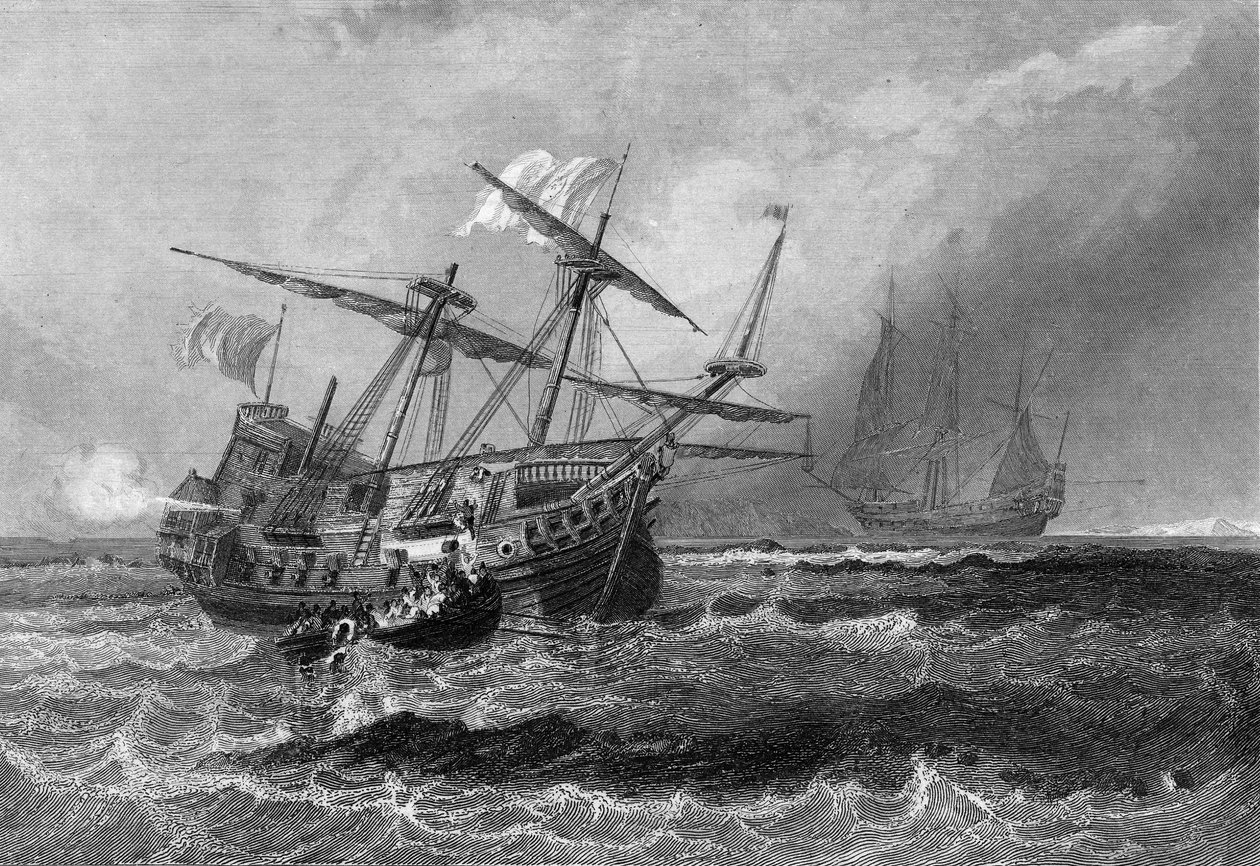1602年7月1日，科尔宾号在马尔代夫群岛的礁石上丢失。在范特纳克的《海军通史》中 作者 未知艺术家
