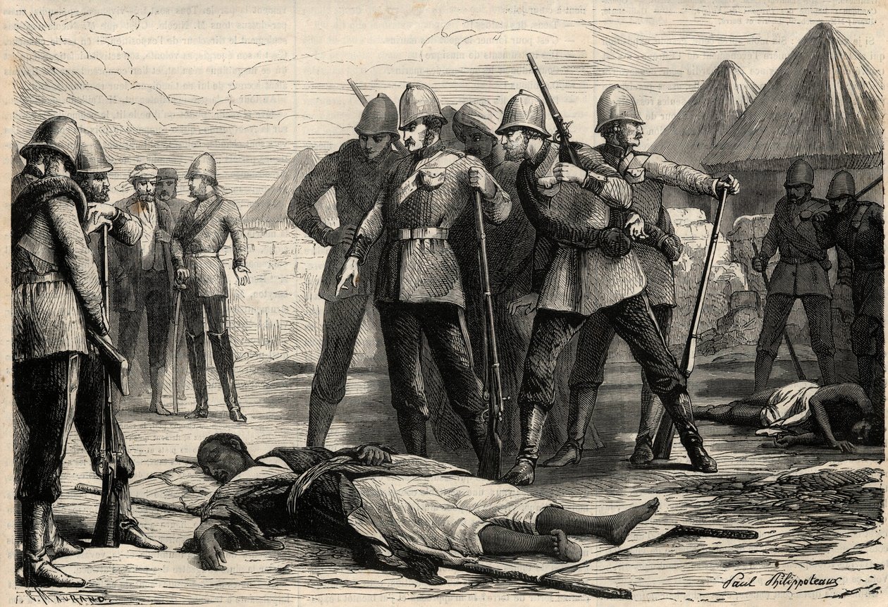 埃塞俄比亚皇帝西奥多罗二世（Tewodros）于1868年4月13日在英国人攻占马格达拉后去世，当时他已撤退到那里。载于 "杰出的世界 "的雕刻品 作者 未知艺术家