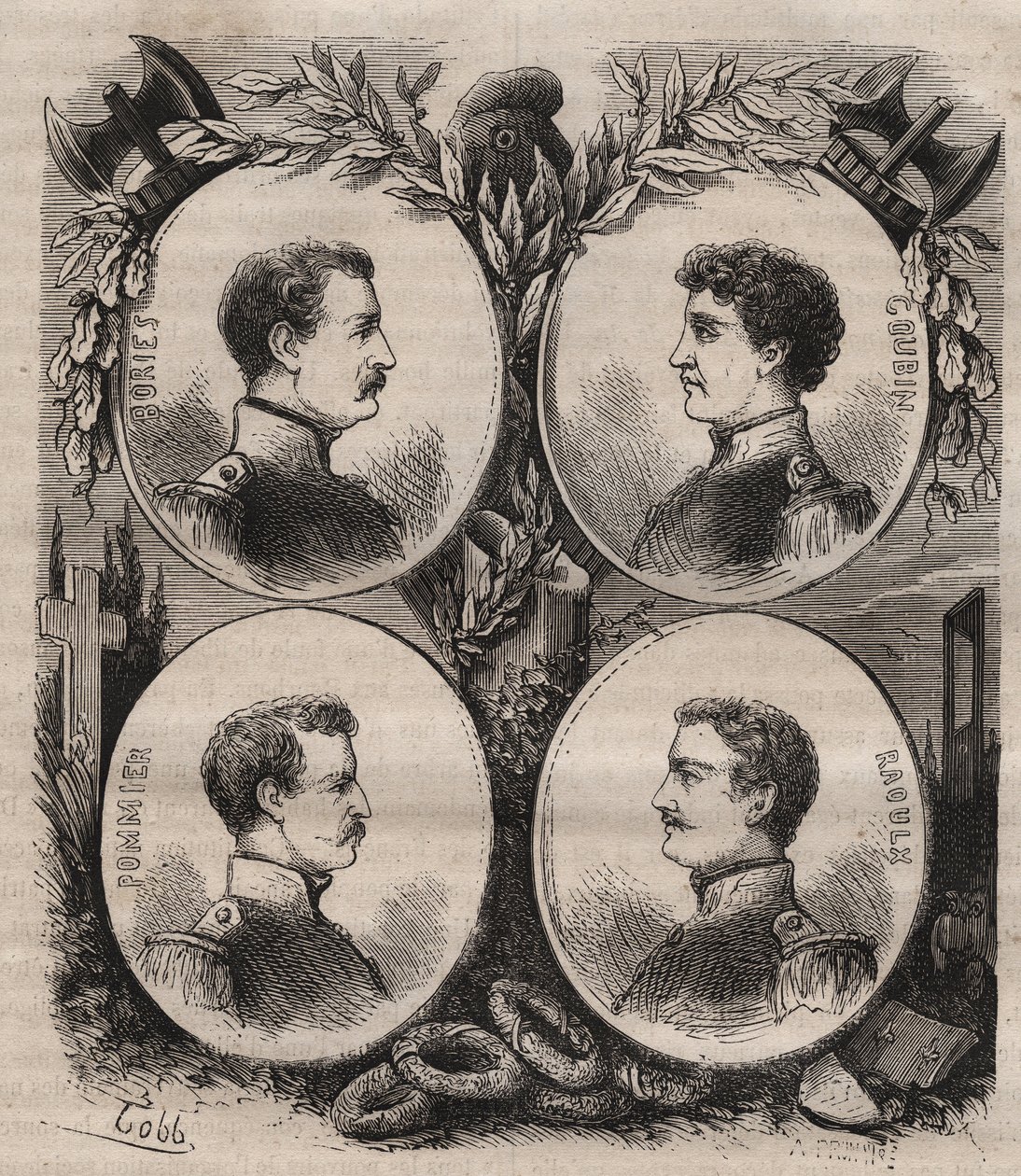 拉罗谢尔的四人组（Jean Francois Bories (1795-1822), Jean Joseph Pommier (1796-1822), Marius Claude Raoulx (1797-1822)）和Charles Goubin（1798-1822）在复辟时期被指控想要推翻君主制和1822年上断头台 作者 未知艺术家