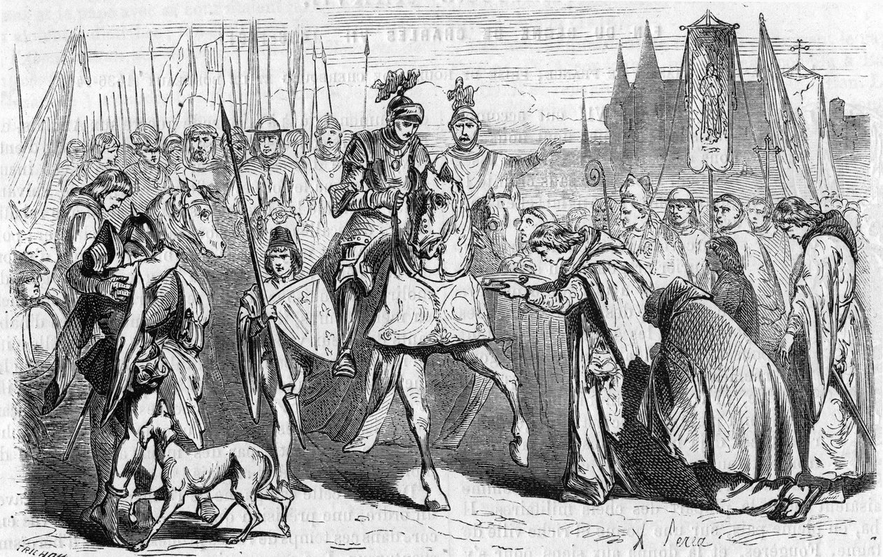 1451年6月23日，法国人在查理七世的带领下前往波尔多，这是对英国人的重新征服的结束。19世纪的雕版画。 作者 未知艺术家