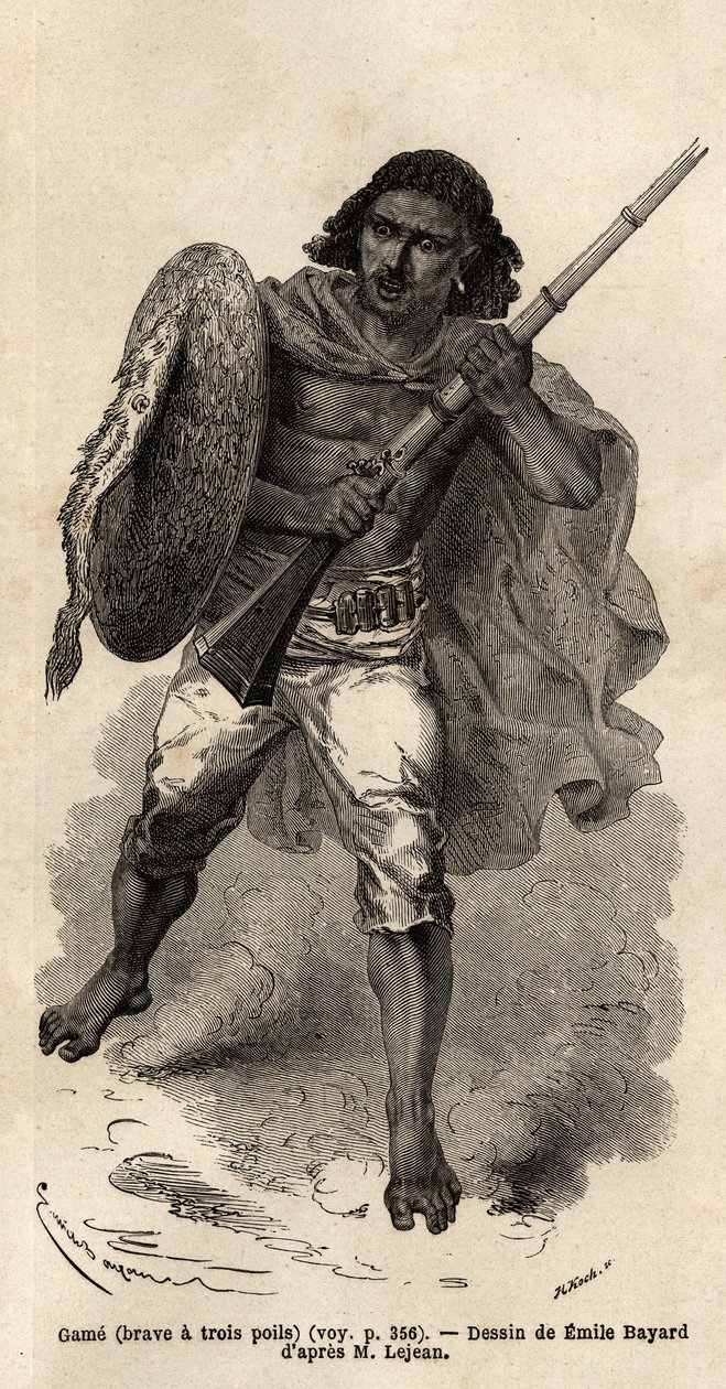 游戏中，还是勇者三毛，阿比西尼亚枪兵。 1862 年，纪尧姆·勒让 (Guillaume Lejean) 在爱德华·查顿 (Edouard Charton) 指导下出版的“Le tour du monde, nouveau journal des voyages”中描绘阿比西尼亚之旅的版画 作者 未知艺术家