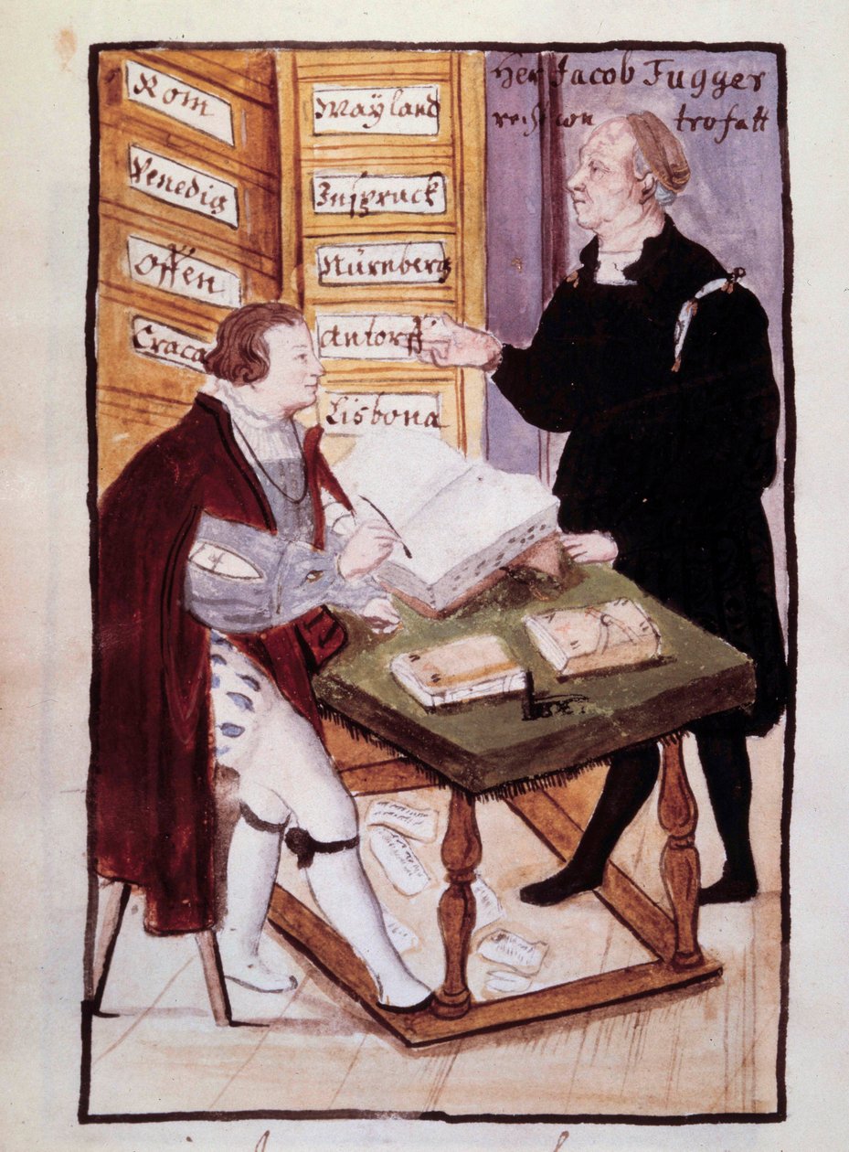德国银行家 Jacob Fugger (1459-1525) 在他的办公室 (Goldene Schreibstube) 和他的德国会计师 Matthaus Schwarz (1497-1574 年左右) 16 世纪水彩画。 BN, 巴黎 作者 未知艺术家