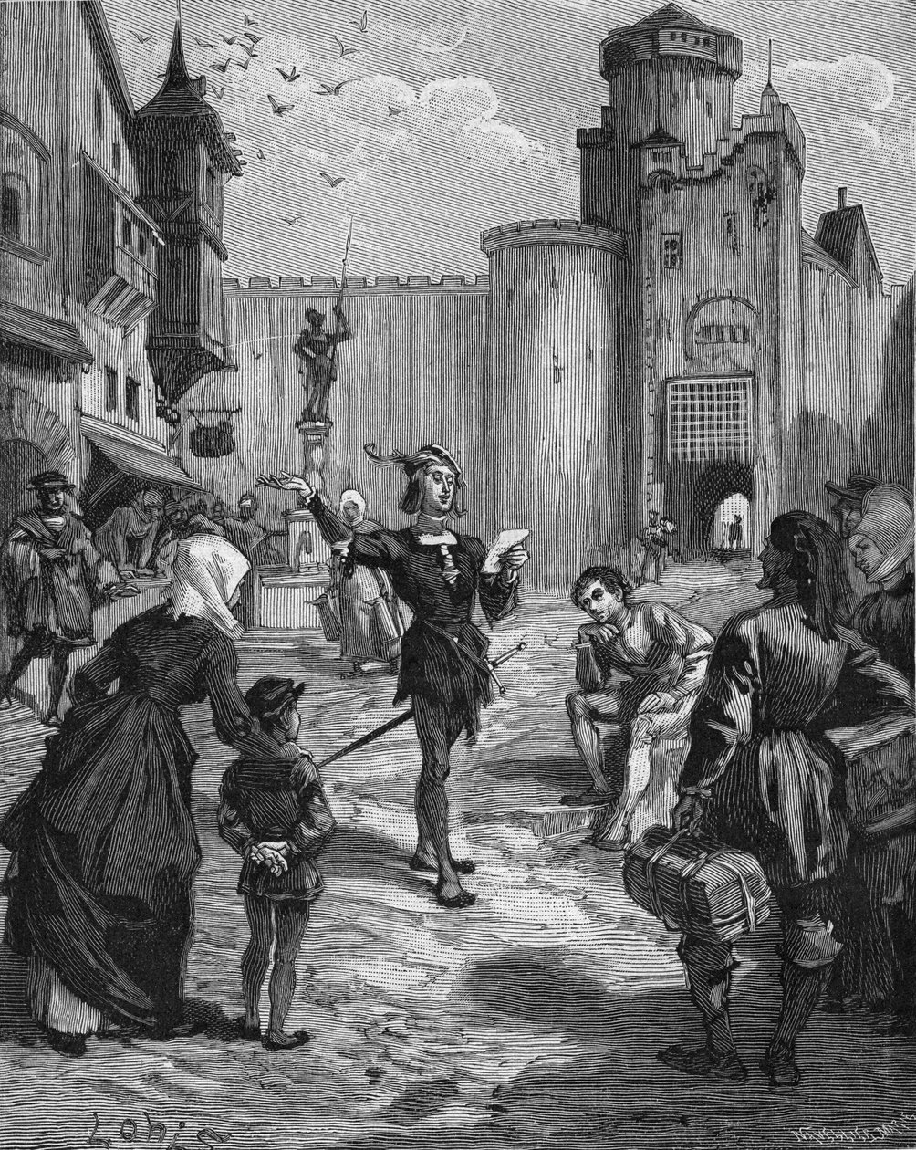 德国骑士、诗人和人文主义者乌尔里希-冯-胡滕（1488-1523）在街上宣读他的一首诗。19世纪的雕版画。载于朱尔斯-米歇尔的《法国史》中 作者 未知艺术家